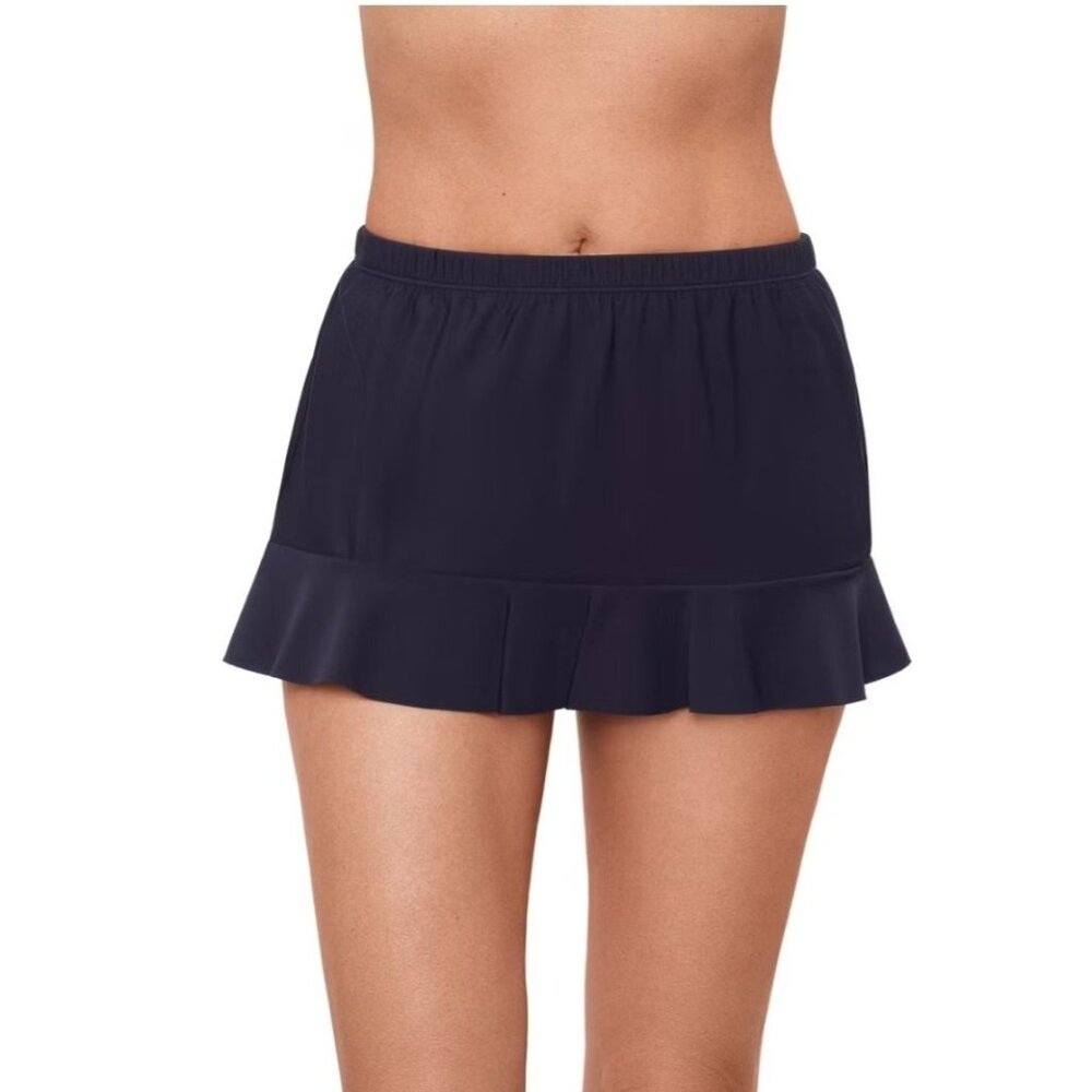 Aqua Green Womens Swim Skirt L Black Ruffle Skirted Bottoms Built-In Briefs